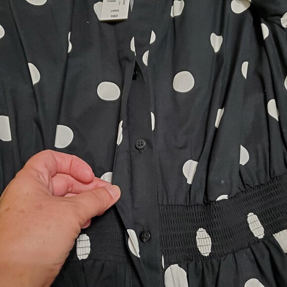 Black and White Polka Dot Flowy Button Up Short Sleeve Dress with Pockets Large - Picture 9 of 16
